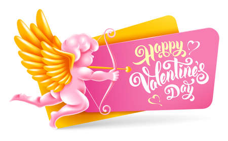 Happy Valentines Day festive label or badge with winged archery cupid. Calligraphic hand drawn congratulations text. vector illustration.のイラスト素材