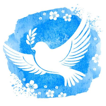 White dove silhouette flying with olive twig on the blue watercolor background with flowers. Symbol of peace. vector illustration.のイラスト素材