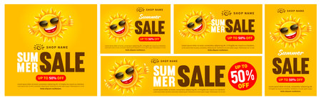 Seasonal Summer Sale banner templates. Advertising designs. Invitation for shopping with 50 percent off. Cheerful sun, which shows thumb up, on yellow sunny background. vector illustration.のイラスト素材