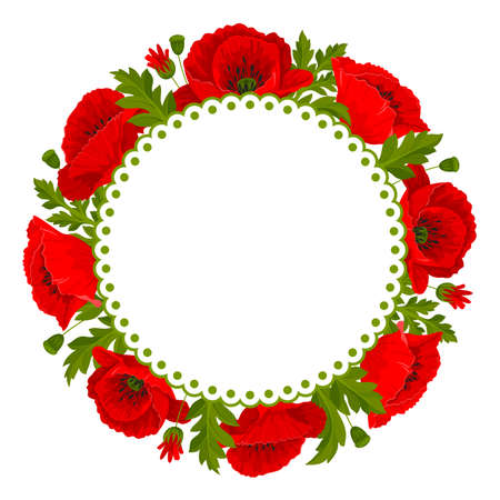 Round frame with red poppy flowers, leaves and poppy seed pods on a white background. vector illustrationのイラスト素材