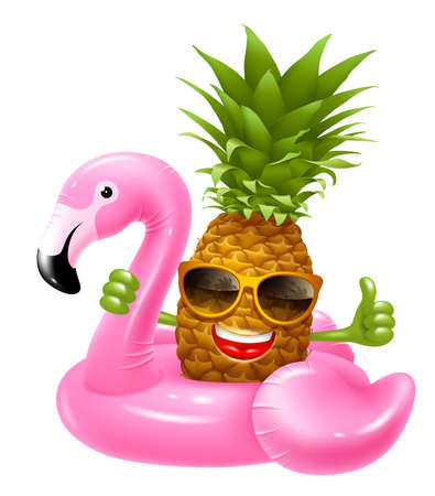 Inflatable rubber swimming ring in pink flamingo shape. Fun character pineapple in the sunglasses swim on the flamingo, smiling and shows thumbs up. Realistic vector illustration.のイラスト素材