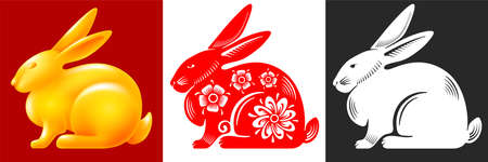 Set of rabbits. Cute bunny, zodiac symbol of new year 2023 drawn as silhouette, golden figurine and with floral ornament in chinese style. Isolated on various backgrounds. vector illustrationのイラスト素材