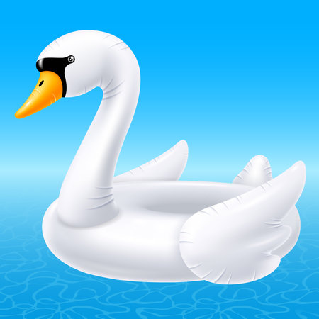 Inflatable rubber swimming ring in white swan shape. Cute and romantic toy for leisure at the pool, sea, on the beach. realistic vector illustrationのイラスト素材