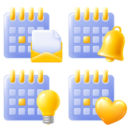 Desk Calendar icon set with schedule, assignment, appointment or other significant event, with golden glossy signs of mail, bell, heart and lamp. planning concept. 3d minimalist style. Vector.のイラスト素材
