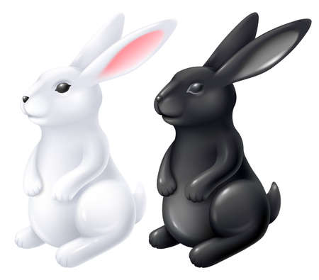White and black hare porcelain or ceramic glossy figurine set. Rabbit symbol of 2023 Chinese New Year. vector 3d illustrationのイラスト素材