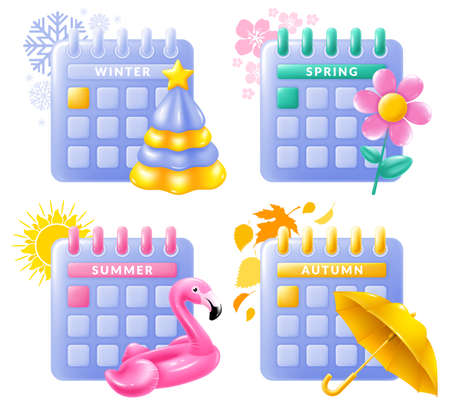 Desk Calendar icon set with schedule for four seasons. Winter christmas tree, spring flower, summer inflatable flamingo, autumn umbrella. planning concept. 3d minimalist style. vector illustrationのイラスト素材