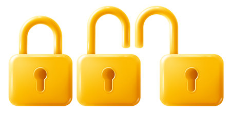 Set of golden rectangle padlocks with keyholes. Open and closed lock. Conceptual icons of security,...