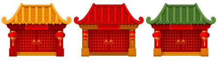 Set of Chinese traditional gate. Home entrance with bamboo roof, columns, wooden doors, sign above and decorated with paper lanterns. vector illustrationのイラスト素材