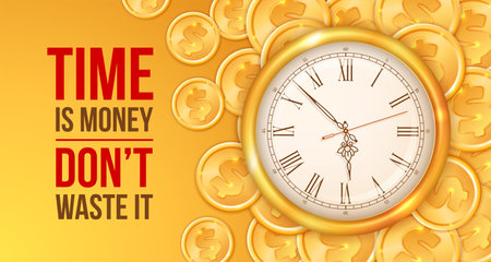 Time management or time is money concept banner with golden watch, bunch of golden coins and place for text. vector illustrationのイラスト素材