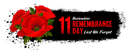 Remembrance Day card. Let's forget. Composition of cartoon red poppy flowers, international symbol of peace, and text on black grunge background as brush stroke. vector illustrationのイラスト素材