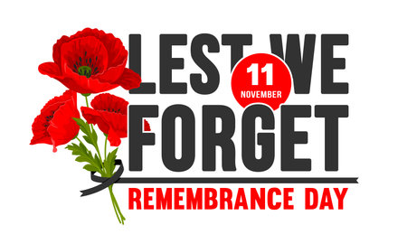 Remembrance Day card. Let's forget. Bouquet of cartoon red poppy flowers, international symbol of peace, ribbon and lettering on white background. vector illustrationのイラスト素材