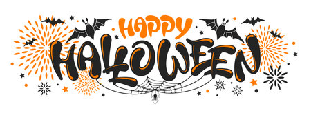 Happy Halloween unique lettering. Holiday calligraphy by brush with bat, spider, web, and decorative elements for banner, poster, greeting card, party invitation. isolated vector illustrationのイラスト素材