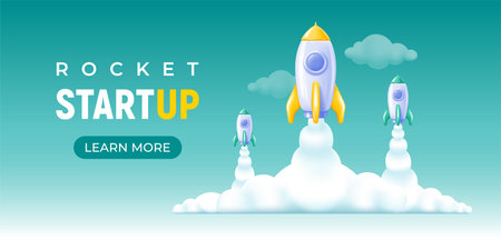Space rocket launch to sky. Business start up, creative idea concept. Horizontal background template for cover, header, landing page web site. Simple modern 3d cartoon design. vector illustrationのイラスト素材
