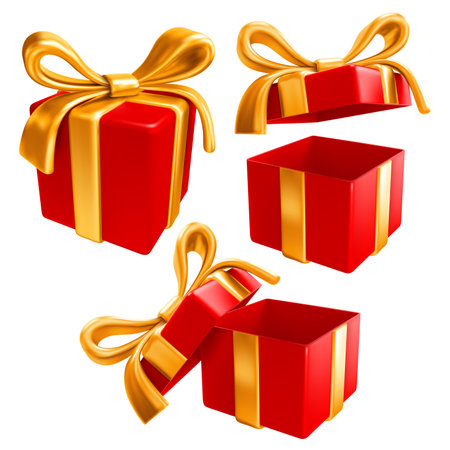 Set of festive red gift boxes with gorgeous golden bow, open and closed, isolated on white background. Vector realistic 3d illustrationのイラスト素材