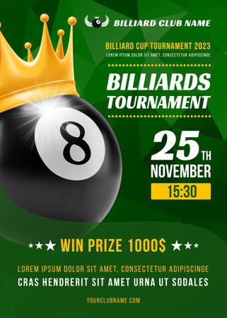 Pool billiards tournament poster with black 3d realistic billiards ball with number eight and golden crown. Sport competition announcement. Place your text and emblems. vector illustrationのイラスト素材