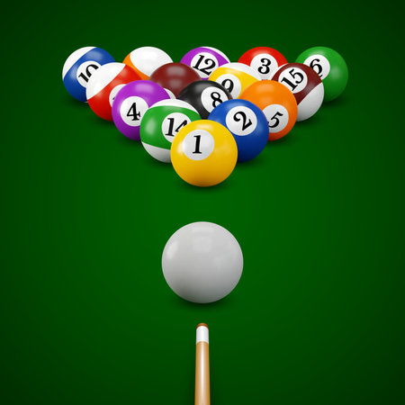 Pool or American billiards balls with numbers on the green table, ready to game. Snooker color balls...