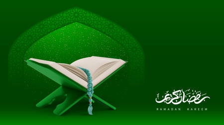 Ramadan Kareem greeting card. Holy Quran with rosary, open on the book holder, near by arch window with arabian pattern. Arabic calligraphy meaning Ramadan Kareem. Vector 3d realistic illustrationのイラスト素材