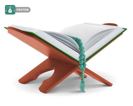 Holy Quran with rosary, open on the wooden book holder. Design element for Ramadan or other religious islamic holidays and events. Vector 3d realistic illustrationのイラスト素材