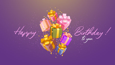 Birthday greeting card with colored gift boxes. Multicolored, glossy 3d gifts with beautiful bows flying and falling with golden tinsel on violet background. Vector realistic illustrationのイラスト素材