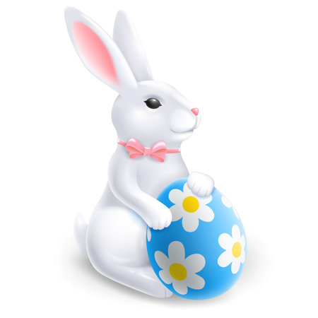 Cute smiling Easter bunny, sit and hold colored Easter egg with daisy flowers pattern, isolated on transparent background. Vector 3d realistic illustration EPS10のイラスト素材