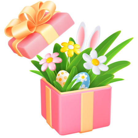 Colored Easter eggs, bunny ears, spring grass, daisy flowers in the open gift box. Trendy conceptual Easter greeting design element. Vector 3d realistic illustration EPS10のイラスト素材