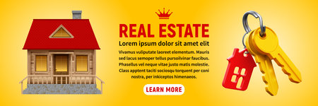 Beautiful house and keys with keychain. Banner template on real estate theme, buying, selling, protection, security, property insurance, yellow background. Vector 3d realistic illustrationのイラスト素材