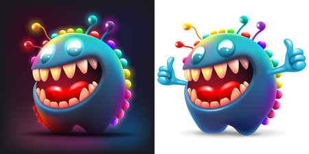 Cute smiling toothy Monster, friendly and fun character. Neon colored, isolated on dark and white background. Show thumbs up. Vector realistic 3d illustrationのイラスト素材