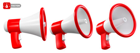 Red and white colored megaphone speaker, view from different angles, isolated on white background. Vector 3d realistic illustrationのイラスト素材