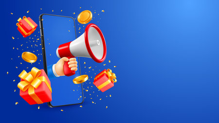 Hand in smartphone holds megaphone, gifts and golden coins fly out from mobile phone screen, on blue background. Conceptual design for advertising of sale, discounts etc. vector 3d illustrationのイラスト素材