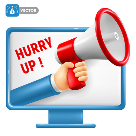 Hand with megaphone coming out from computer screen, isolated on white background. Conceptual design for advertising of sale, discounts, digital marketing etc. vector 3d illustrationのイラスト素材