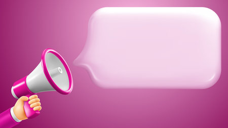 Hand with megaphone speaker on pink background. Banner template with conceptual design for advertising of sale, discounts, digital marketing etc. Vector 3d realistic illustrationのイラスト素材