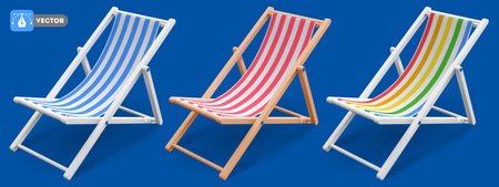Beach chair 3d realistic. Set of isolated wooden, striped deck chairs or beach loungers with blue, red and multicolor stripes. vector illustration.のイラスト素材