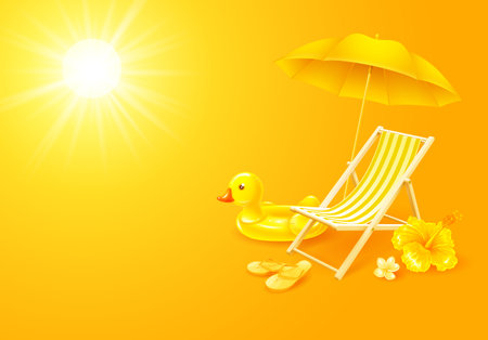 Summer holidays banner template in yellow colors with beach or pool accessories. Striped deck chair, umbrella, flip flops and cheerful inflatable ring in duck form. Vector realistic 3d illustrationのイラスト素材