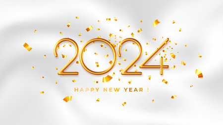 2024 New Year greeting card, elegance horizontal banner template. Luxury 3d realistic thin golden metallic numbers 2024 on white silk fabric background with tinsels. vector illustrationのイラスト素材