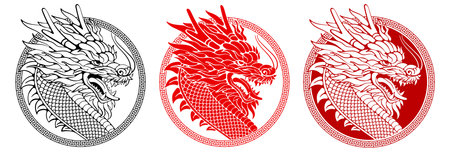 Set of circle designs of labels or overlays for Chinese New Year 2024, year of the Dragon. Silhouette of Dragons head, geometric ornament in oriental style. paper cut style. vector illustrationのイラスト素材