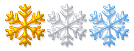 3d realistic snowflakes set. Gold, silver and light blue color, with shadow. Glossy and shiny plastic style, Christmas and New Year holiday decorations. vector illustrationのイラスト素材