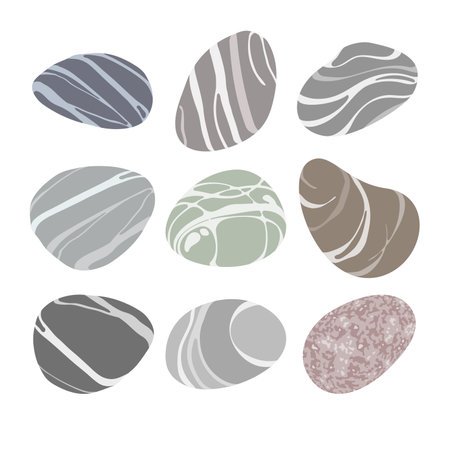 Set of beach pebbles or sea stones in various shapes. Different colors and textures, flat modern style. Striped sea rock pebbles isolated on white background. Vector illustrationのイラスト素材