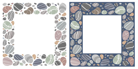 Set of square frame with beach pebbles or sea stones in various shapes. Border with striped textured sea rock pebbles and isolated on white and blue background. vector illustrationのイラスト素材