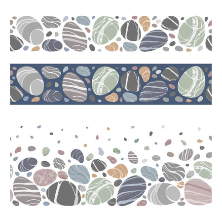 Set of seamless borders with beach pebbles or sea stones in various shapes. Line borders with striped textured sea rock pebbles on white and blue background. vector illustrationのイラスト素材