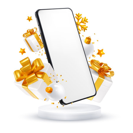 Advertising design for New year sale, white and gold luxury colors. Smartphone, 3d realistic gift boxes with gold bow, new year balls over the podium, place for text. vector illustrationのイラスト素材