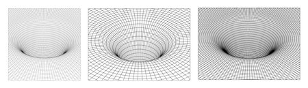 Collection of wireframe lowpoly 3d geometric funnel, wormhole with surface warp. Surreal space travel tunnel. Techno futuristic, science, cyberpunk style backgrounds set. Vector illustrationのイラスト素材