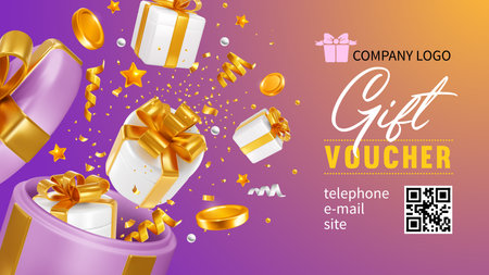 Giveaway, sale or win, conceptual gift voucher template. 3d realistic open gift box, gifts, coins and confetti fly out from it, like explosion on pink background. Vector illustrationのイラスト素材