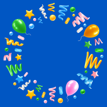 Holiday round frame of green, yellow, white, pink and blue confetti and balloons. 3D realistic Festive tinsel in various shapes, star, serpentine, bead, spiral on blue background. Vector illustrationのイラスト素材