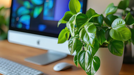 Close-up of a desk featuring a computer monitor, wireless keyboard, mouse, and green potted plant. The setup blends technology with nature for a balanced workspace.の素材