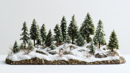 A miniature model of the Himalayan forest, with snow-covered trees and rocky terrain, carefully sealed in clear packaging and placed on a plain white background, showcasing nature's solitude.の素材