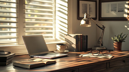 Wooden desk in home office with laptop, glasses, books, and a cup of coffee. Cozy lighting and personal touches create a warm, inviting workspace.の素材