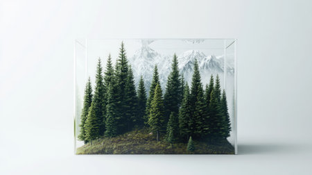 A pristine Himalayan forest scene, with tall pines and snowy peaks, neatly enclosed within a clear packaging box, set against a white background, symbolizing wilderness preservation.の素材