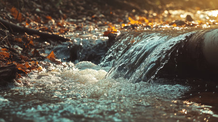 Polluted water gushing from a pipe into a natural stream, environmental damage concept.の素材