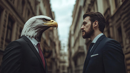 Metaphorical business conflict: eagle and panda heads on suited professionals confronting each other in a city streetの素材