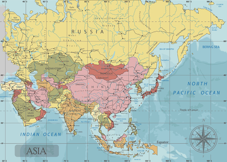 Detailed Asia Political map in Mercator projection. Clearly labeled. Separated layers.のイラスト素材